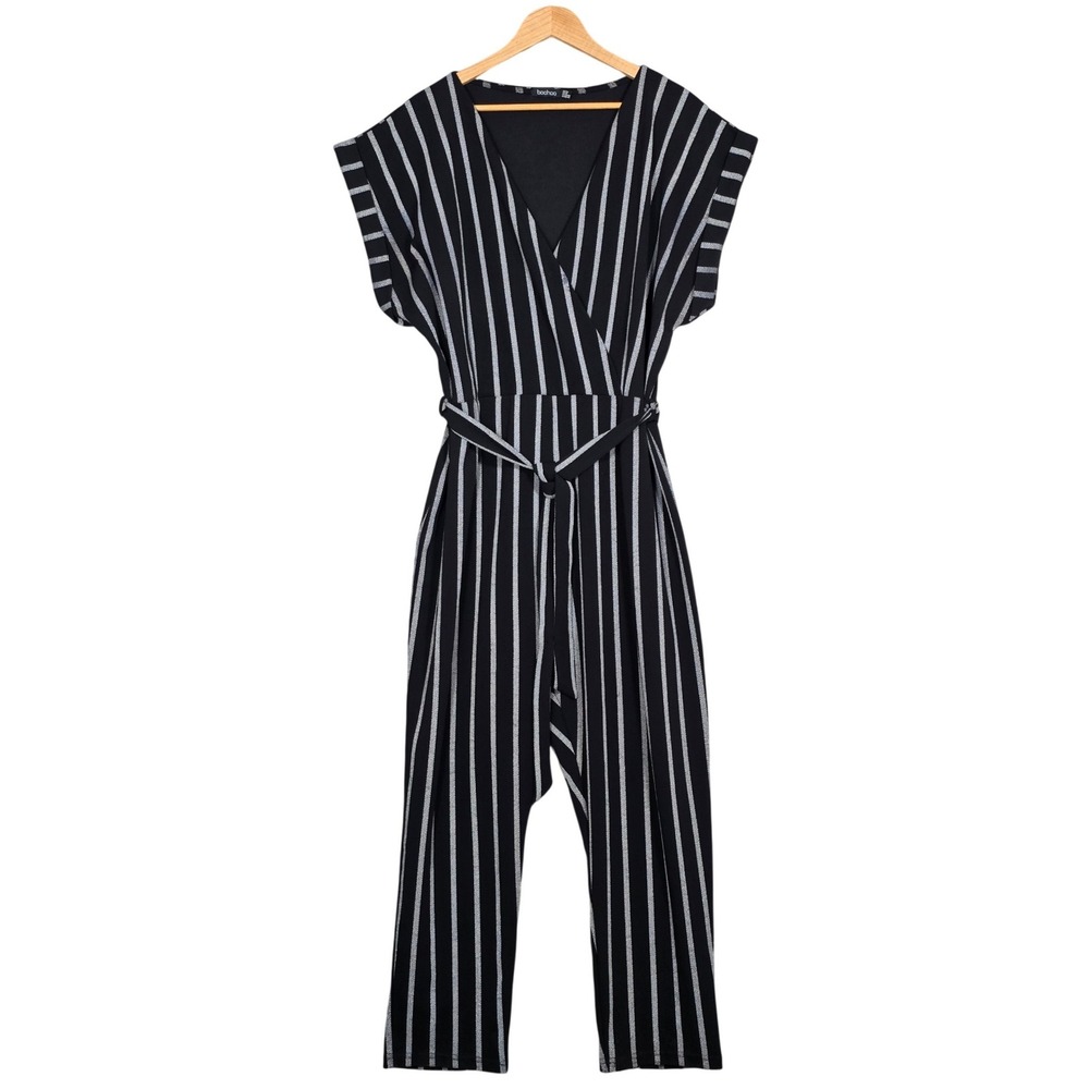 boohoo Women's Black Silver Striped Surplice Tie Waist Jumpsuit 18